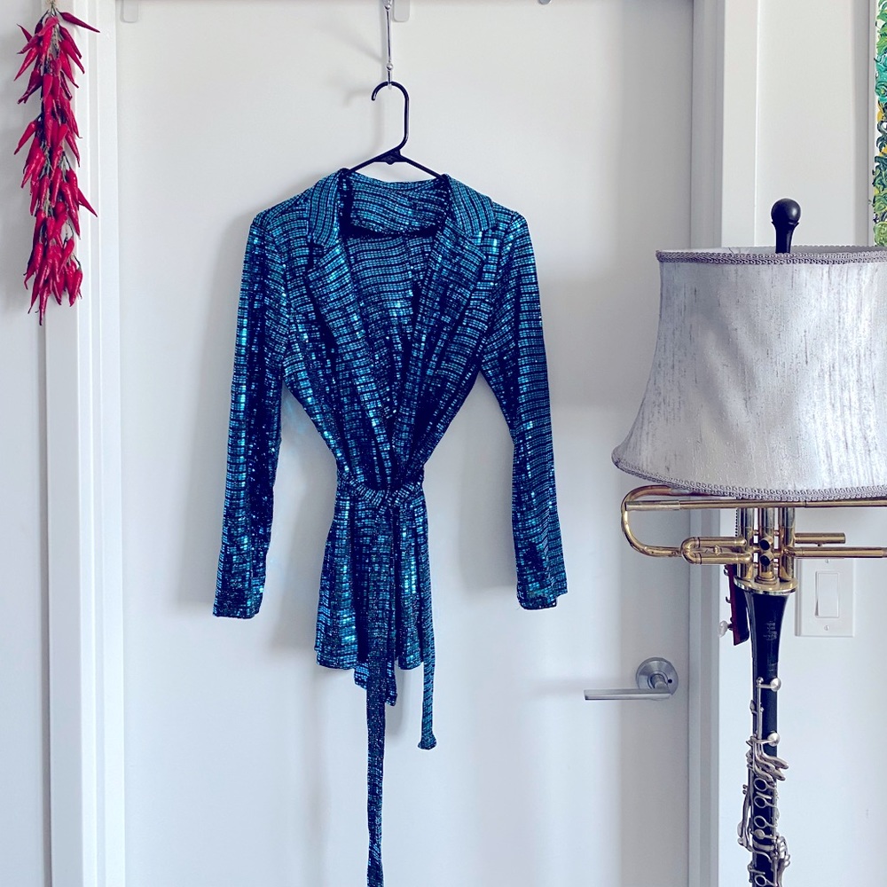 Never-worn blue sequined short suit from Revolve